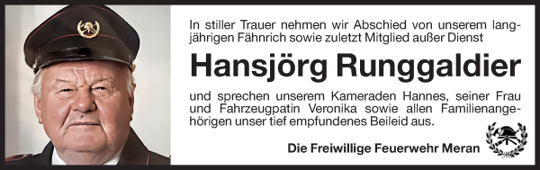 Traueranzeige von Hansjörg Runggaldier von Dolomiten