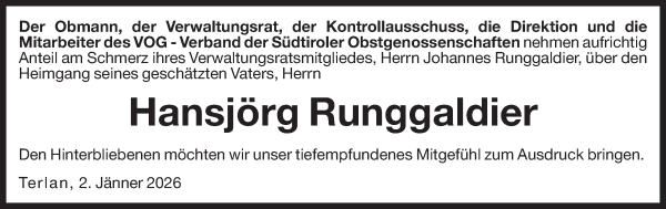 Traueranzeige von Hansjörg Runggaldier von Dolomiten