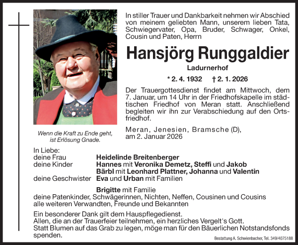 Traueranzeige von Hansjörg Runggaldier von Dolomiten
