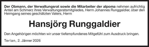 Traueranzeige von Hansjörg Runggaldier von Dolomiten