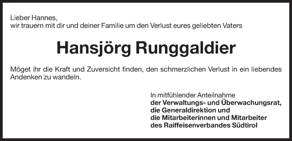 Traueranzeige von Hansjörg Runggaldier von Dolomiten