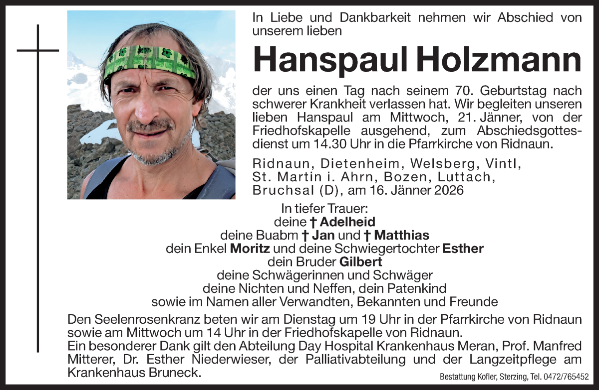  Traueranzeige für Hanspaul Holzmann vom 19.01.2026 aus Dolomiten