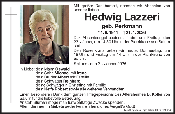 Traueranzeige von Hedwig Lazzeri von Dolomiten