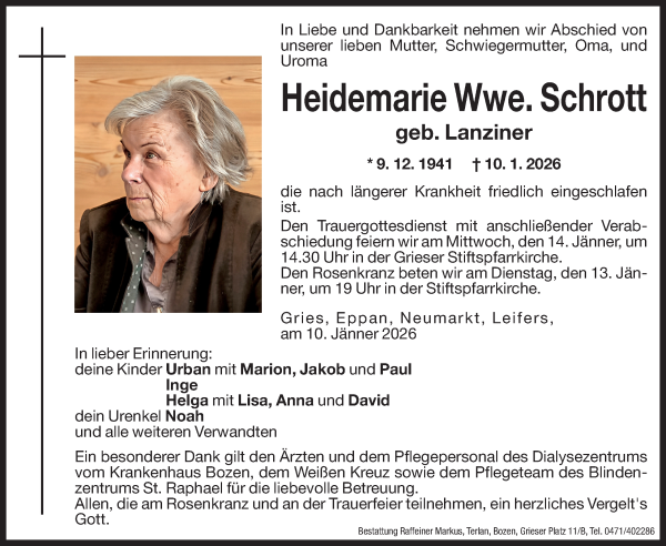 Traueranzeige von Heidemarie Schrott von Dolomiten
