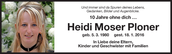 Traueranzeige von Heidi Moser Ploner von Dolomiten