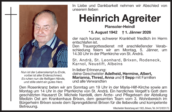 Traueranzeige von Heinrich Agreiter von Dolomiten