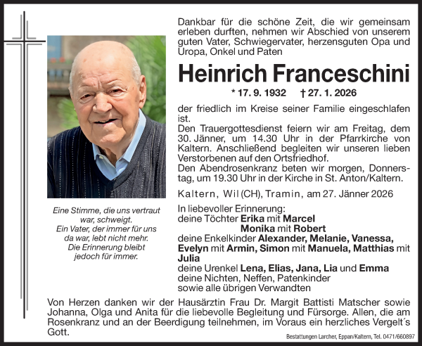 Traueranzeige von Heinrich Franceschini von Dolomiten