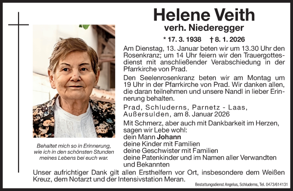 Traueranzeige von Helene Niederegger von Dolomiten