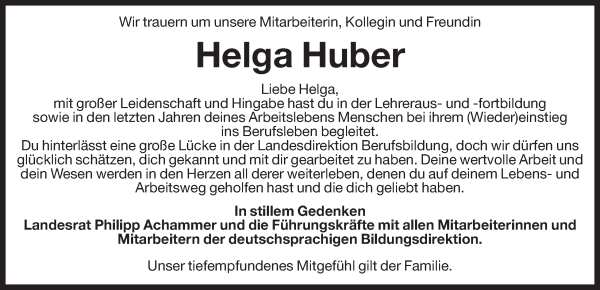 Traueranzeige von Helga Huber von Dolomiten