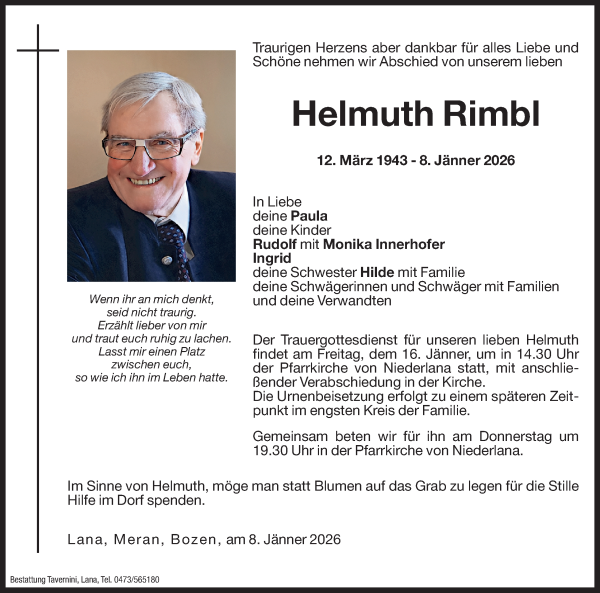 Traueranzeige von Helmuth Rimbl von Dolomiten