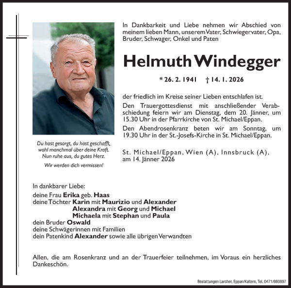 Traueranzeige von Helmuth Windegger von Dolomiten