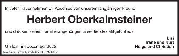 Traueranzeige von Herbert Oberkalmsteiner von Dolomiten