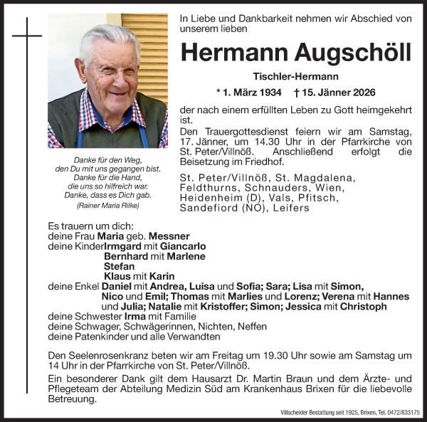 Traueranzeige von Hermann Augschöll von Dolomiten