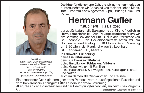 Traueranzeige von Hermann Gufler von Dolomiten