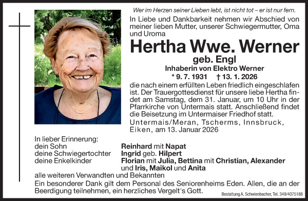 Traueranzeige von Hertha Werner von Dolomiten