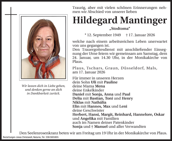 Traueranzeige von Hildegard Mantinger von Dolomiten