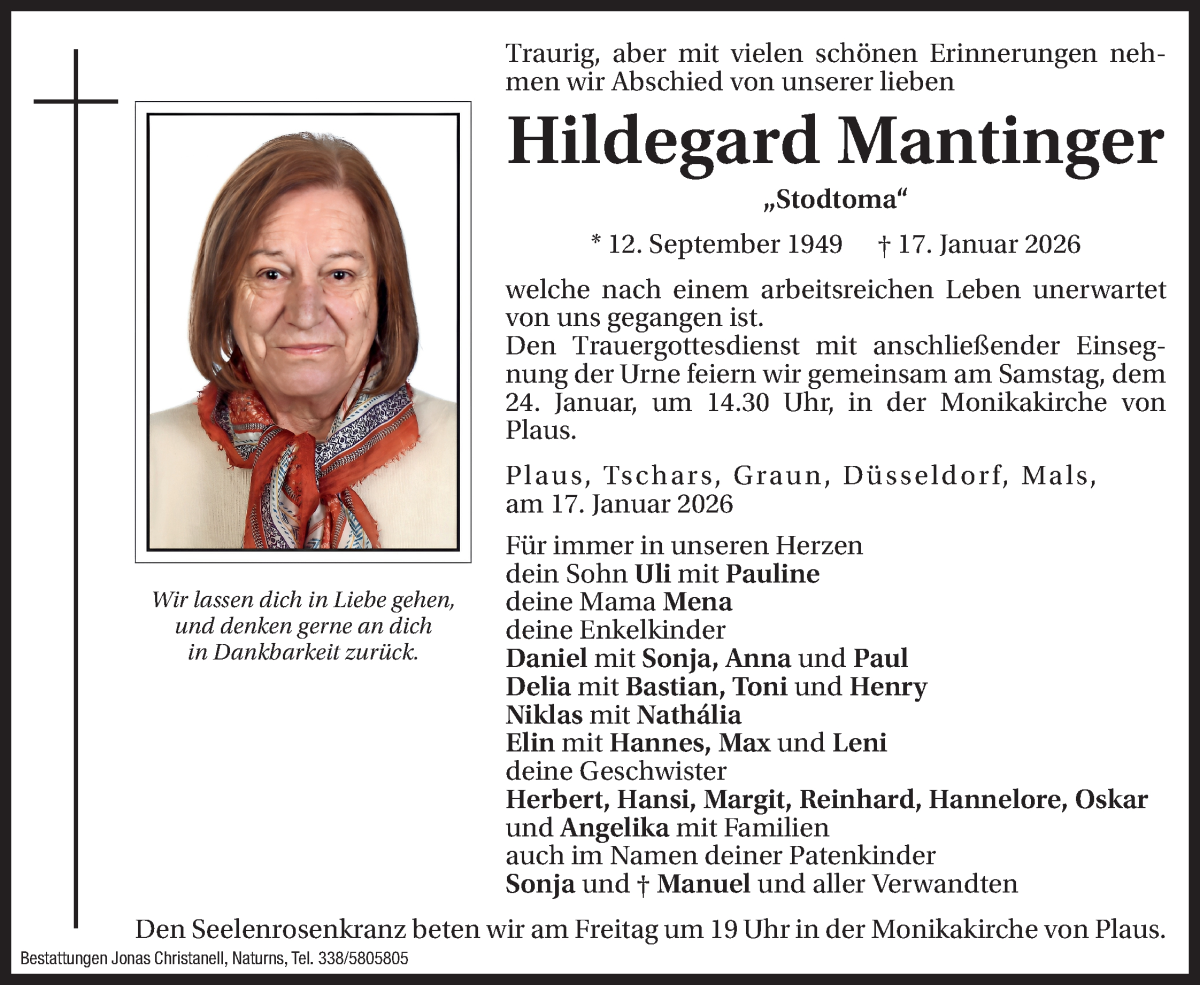  Traueranzeige für Hildegard Mantinger vom 21.01.2026 aus Dolomiten