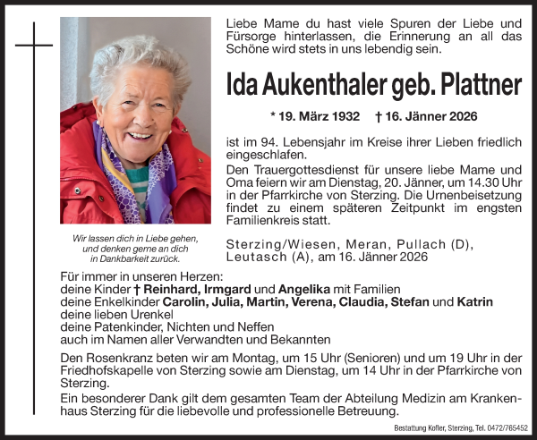Traueranzeige von Ida Aukenthaler von Dolomiten