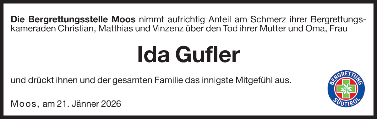  Traueranzeige für Ida Gufler vom 23.01.2026 aus Dolomiten