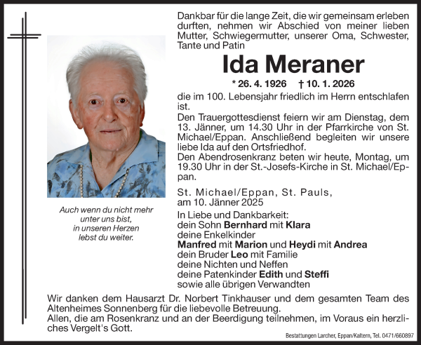 Traueranzeige von Ida Meraner von Dolomiten
