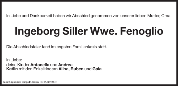 Traueranzeige von Ingeborg Fenoglio von Dolomiten