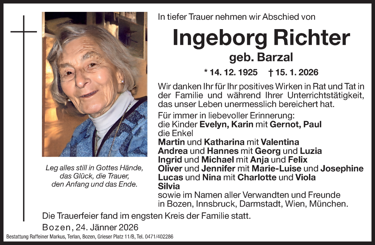  Traueranzeige für Ingeborg Richter vom 24.01.2026 aus Dolomiten