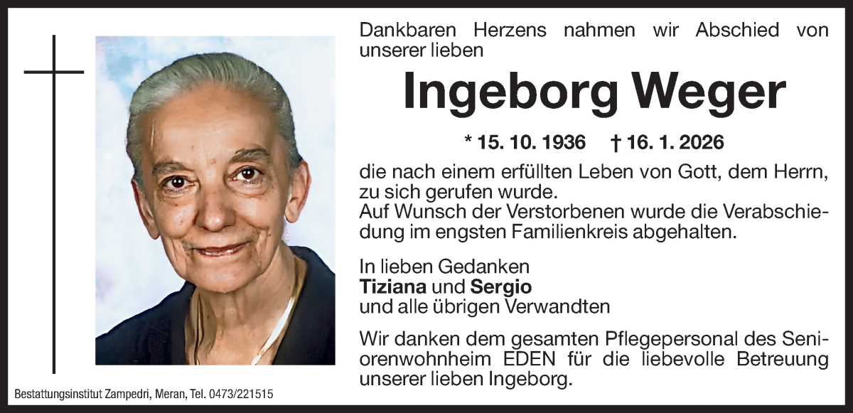  Traueranzeige für Ingeborg Weger vom 22.01.2026 aus Dolomiten