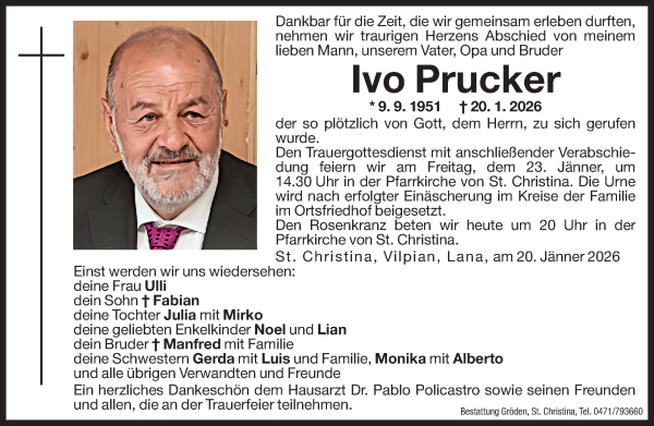 Traueranzeige von Ivo Prucker von Dolomiten