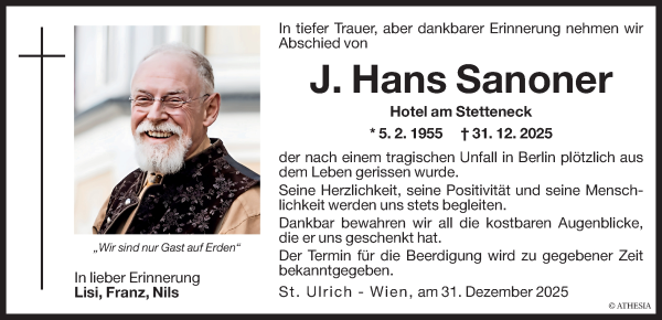 Traueranzeige von J. Hans Sanoner von Dolomiten