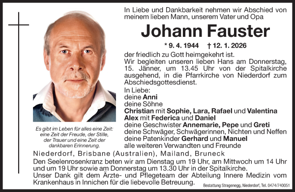 Traueranzeige von Johann Fauster von Dolomiten