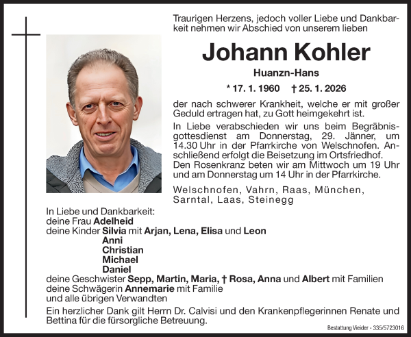 Traueranzeige von Johann Kohler von Dolomiten