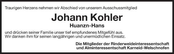 Traueranzeige von Johann Kohler von Dolomiten