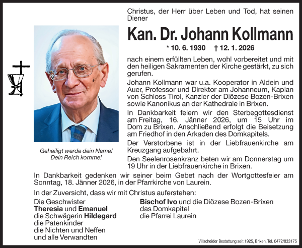Traueranzeige von Johann Kollmann von Dolomiten