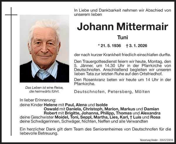 Traueranzeige von Johann Mittermair von Dolomiten