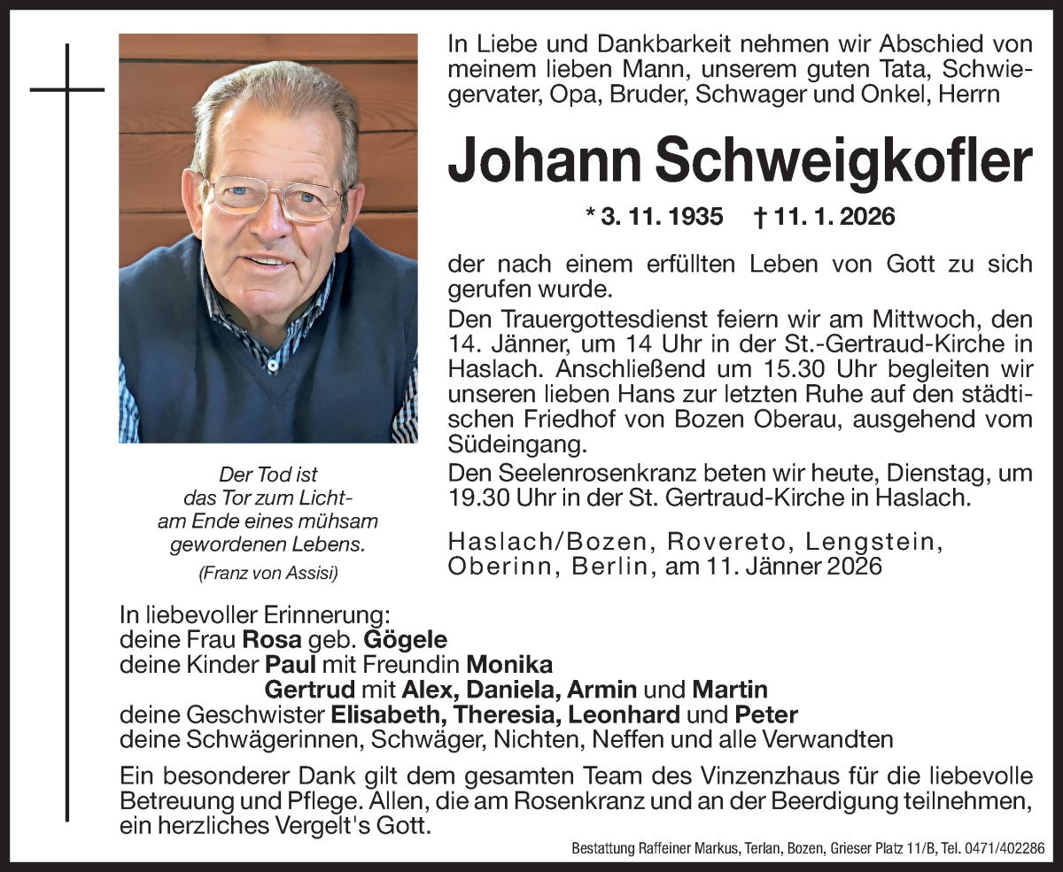  Traueranzeige für Johann Schweigkofler vom 13.01.2026 aus Dolomiten