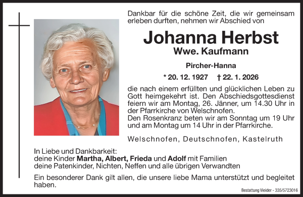 Traueranzeige von Johanna Kaufmann von Dolomiten