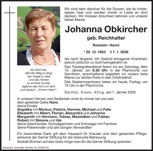 Traueranzeige von Johanna Obkircher von Dolomiten