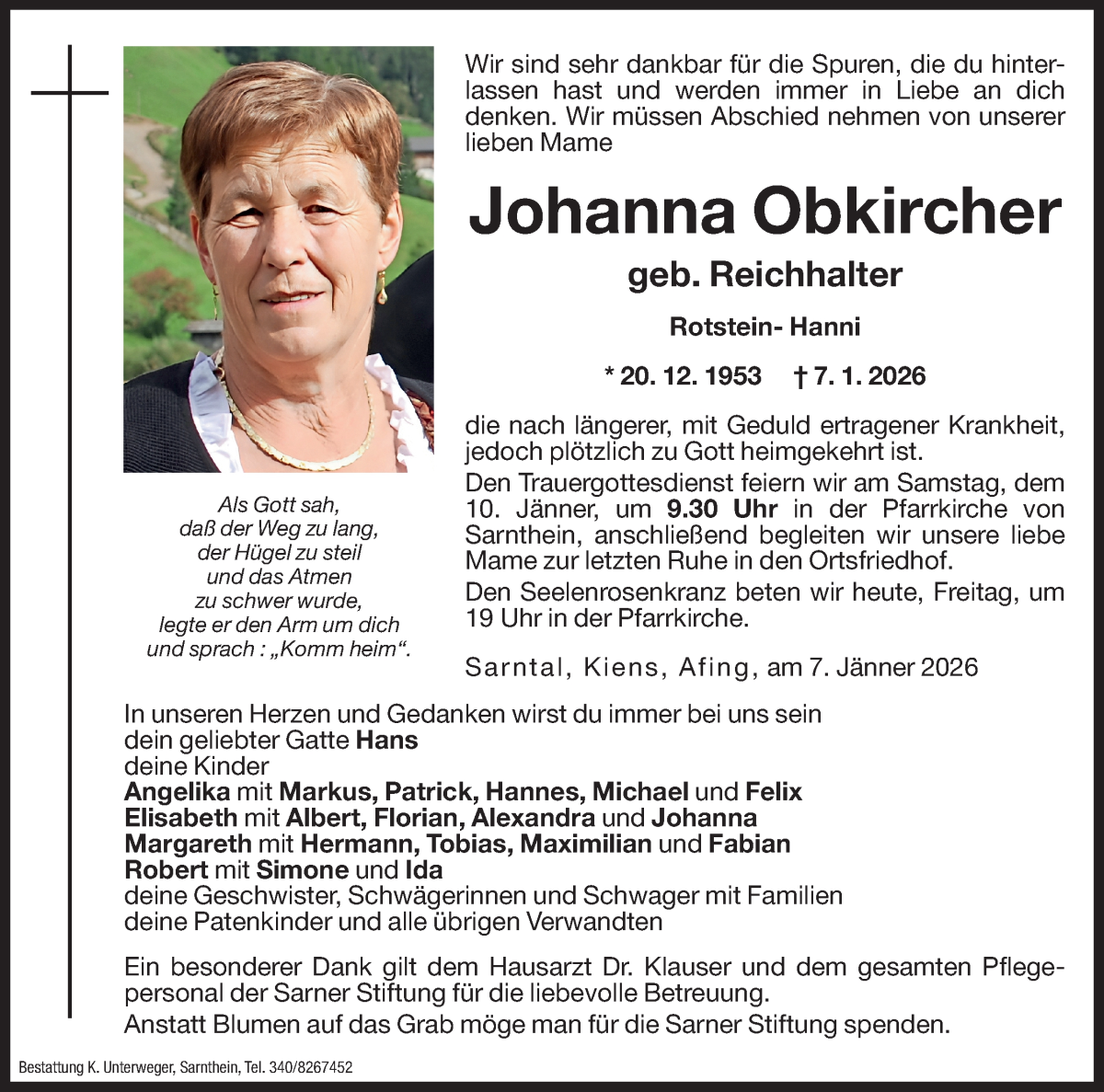  Traueranzeige für Johanna Obkircher vom 09.01.2026 aus Dolomiten