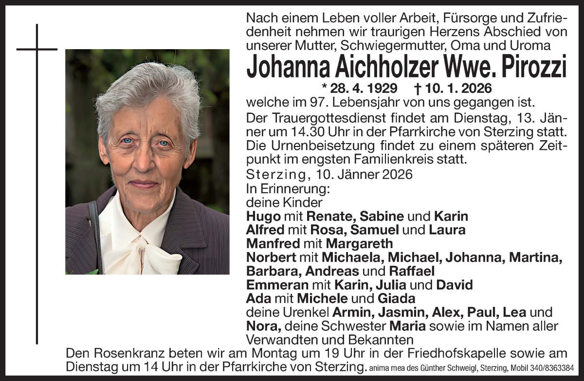  Traueranzeige für Johanna Pirozzi vom 12.01.2026 aus Dolomiten