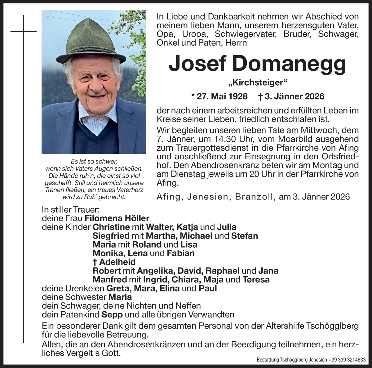  Traueranzeige für Josef Domanegg vom 05.01.2026 aus Dolomiten