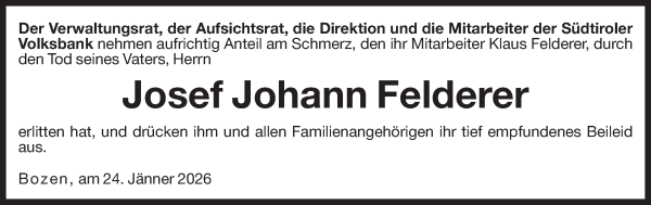 Traueranzeige von Josef Felderer von Dolomiten