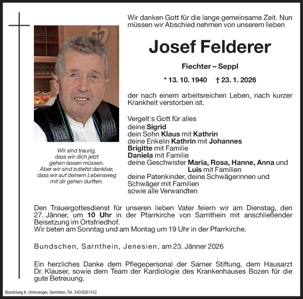 Traueranzeige von Josef Felderer von Dolomiten