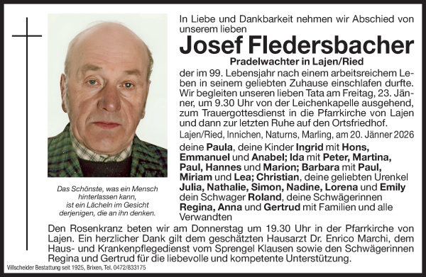 Traueranzeige von Josef Fledersbacher von Dolomiten