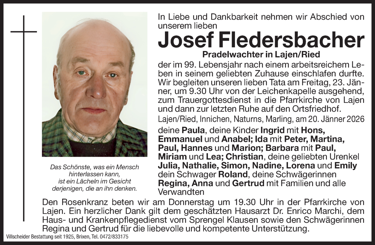  Traueranzeige für Josef Fledersbacher vom 22.01.2026 aus Dolomiten