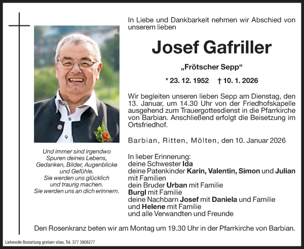 Traueranzeige von Josef Gafriller von Dolomiten