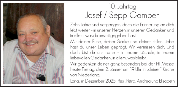 Traueranzeige von Josef Gamper von Dolomiten