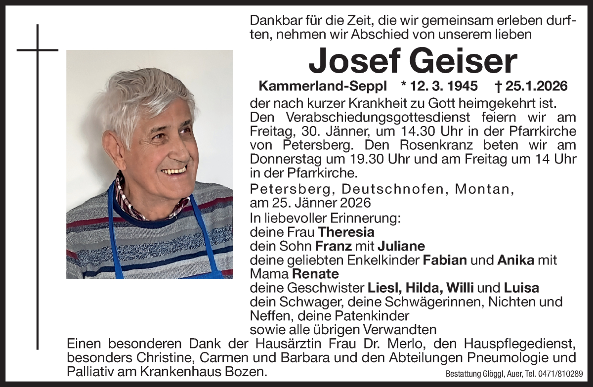  Traueranzeige für Josef Geiser vom 27.01.2026 aus Dolomiten