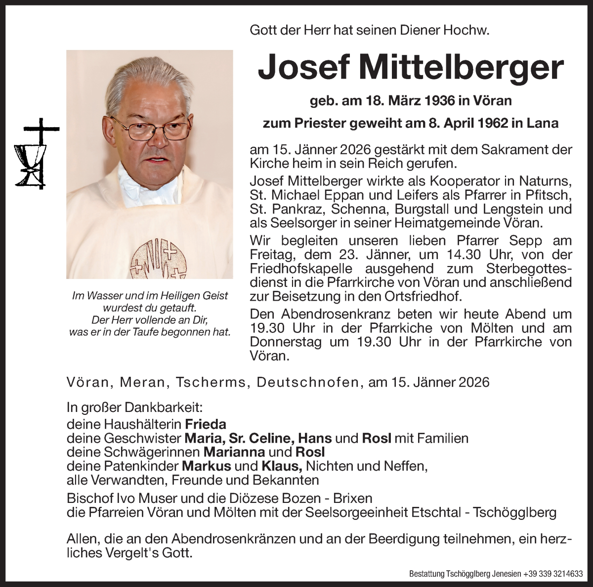  Traueranzeige für Josef Mittelberger vom 21.01.2026 aus Dolomiten