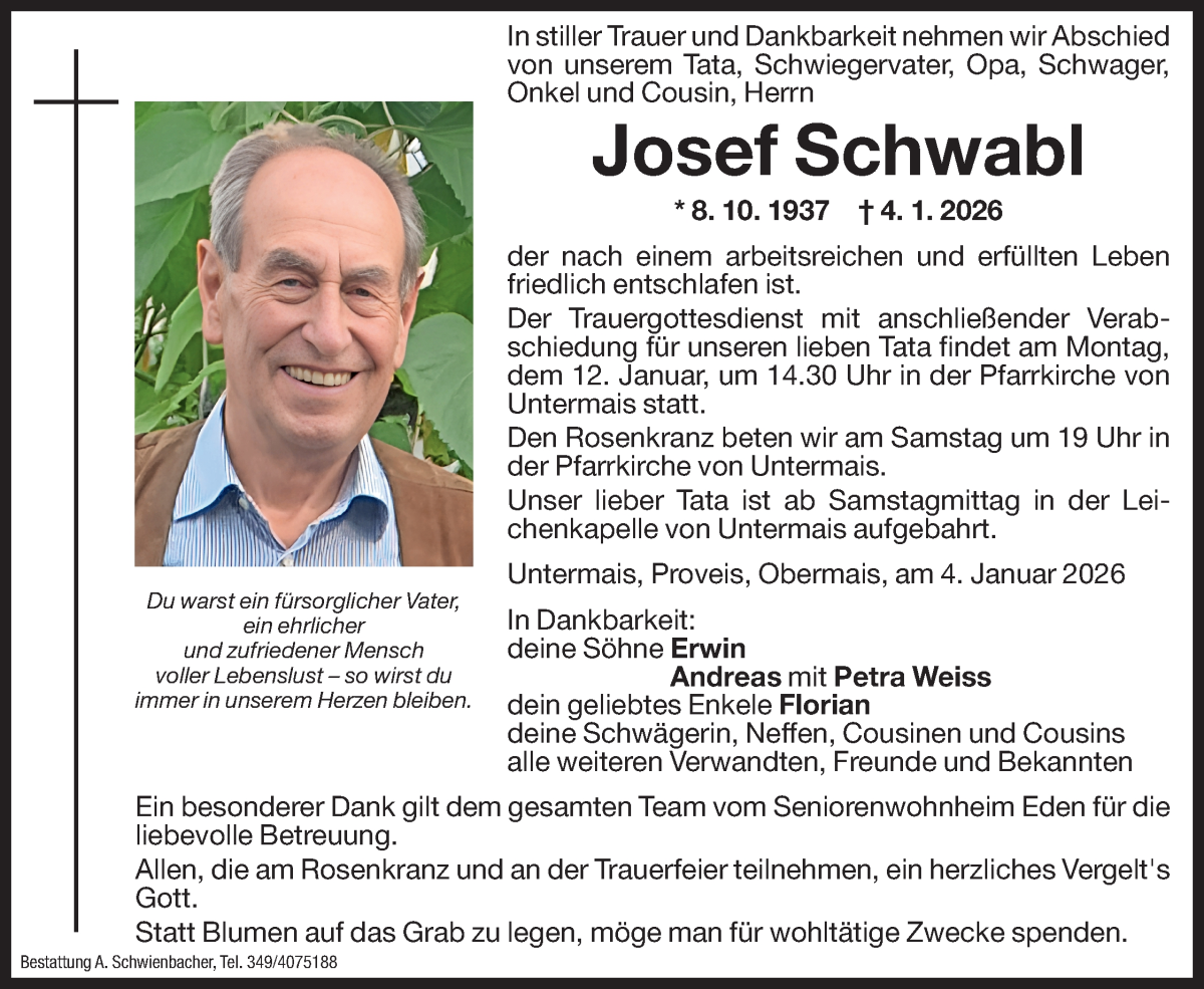  Traueranzeige für Josef Schwabl vom 09.01.2026 aus Dolomiten