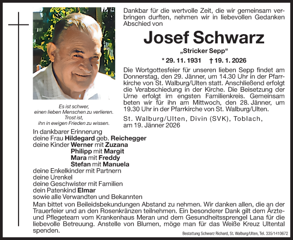 Traueranzeige von Josef Schwarz von Dolomiten